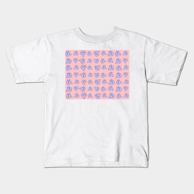 Blue Retro Bicycle Pattern on Pink Background Kids T-Shirt by DesignWood Atelier